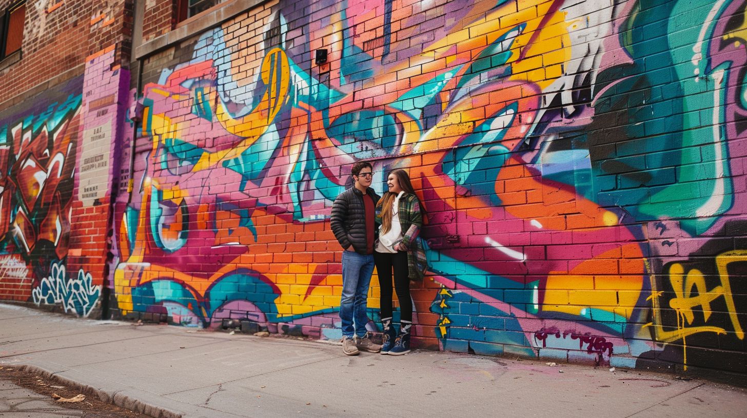 A couple is standing in front of a colorful graffiti wall on The Franklin Street. A couple is standing in front of a colorful graffiti wall on The Franklin Street.