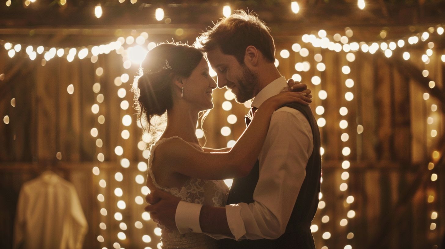 A newly married couple dancing in a rustic barn on their wedding day. A newly married couple dancing in a rustic barn on their wedding day.
