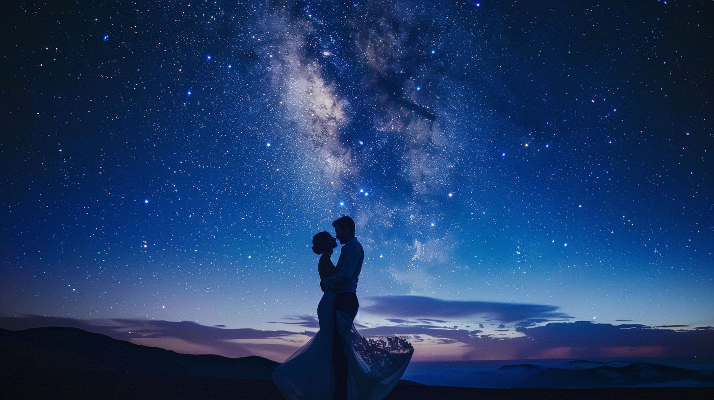 A newlywed couple dancing under a starlit sky in a romantic setting. A newlywed couple dancing under a starlit sky in a romantic setting.