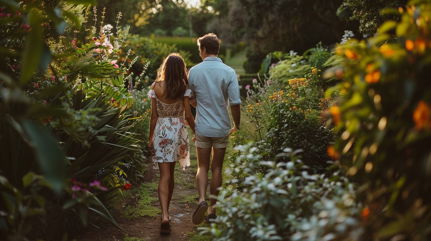 A joyful couple strolling through a picturesque garden hand in hand. A joyful couple strolling through a picturesque garden hand in hand.
