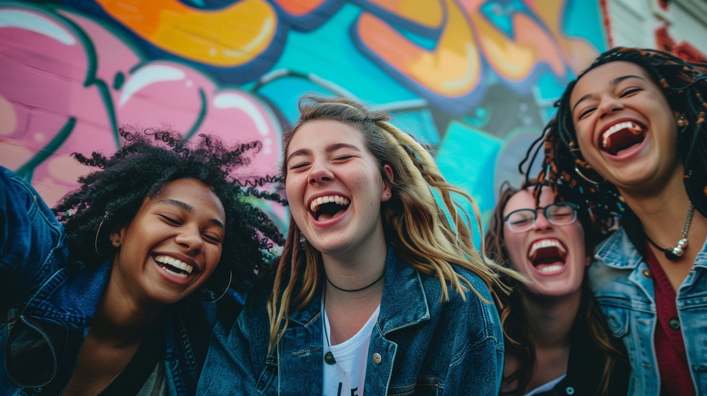 A group of friends are shown laughing and cheering in an urban setting. A group of friends are shown laughing and cheering in an urban setting.
