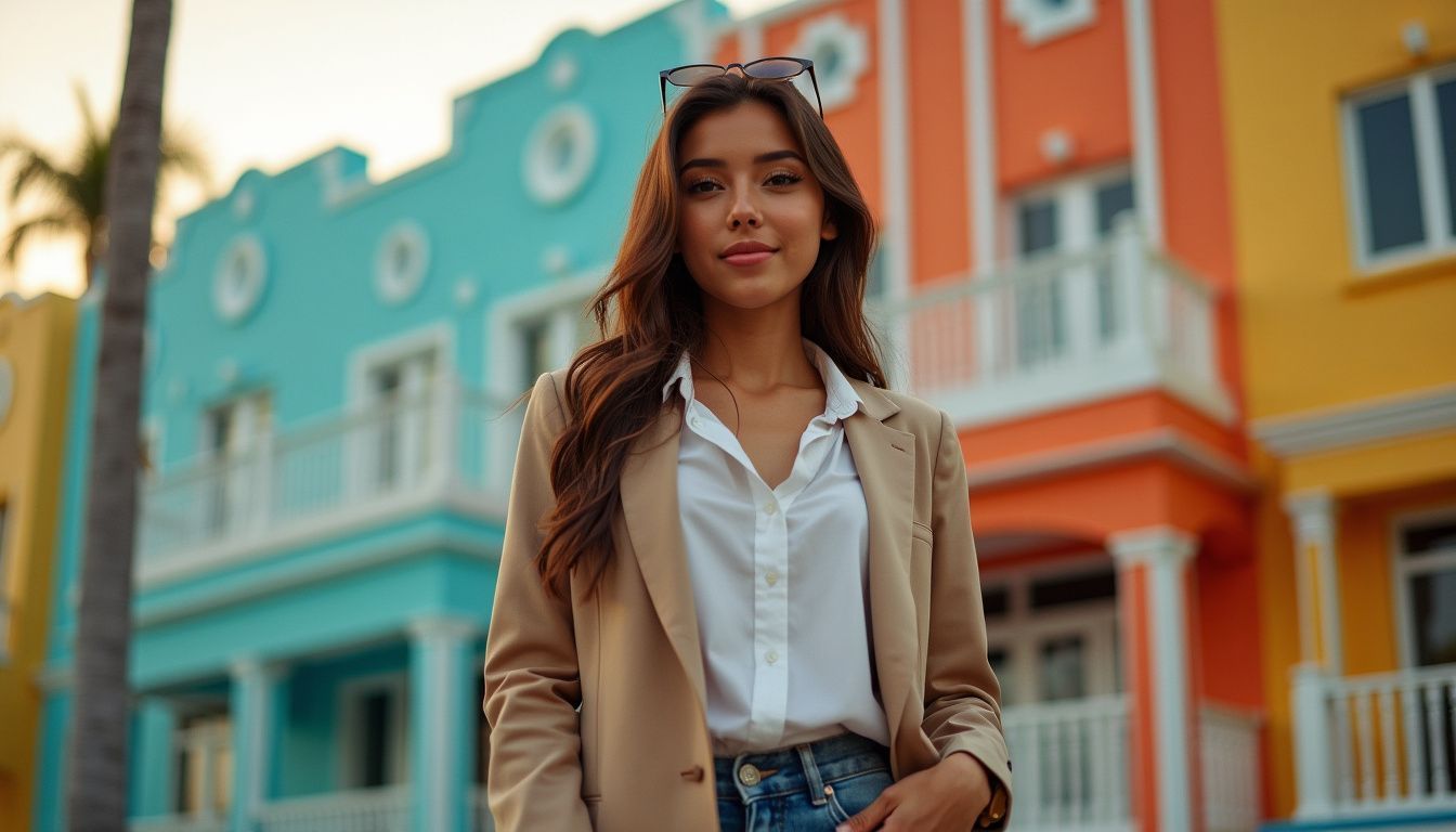 A young professional woman in casual attire stands in front of Art Deco buildings at sunset in Miami Beach. A young professional woman in casual attire stands in front of Art Deco buildings at sunset in Miami Beach.