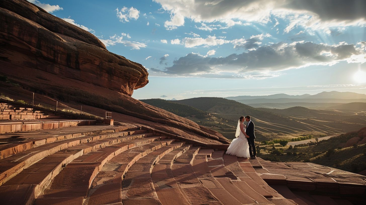 A bride and groom stand on stage at the Red Rocks Amphitheatre, surrounded by scenic mountain landscapes. A bride and groom stand on stage at the Red Rocks Amphitheatre, surrounded by scenic mountain landscapes.