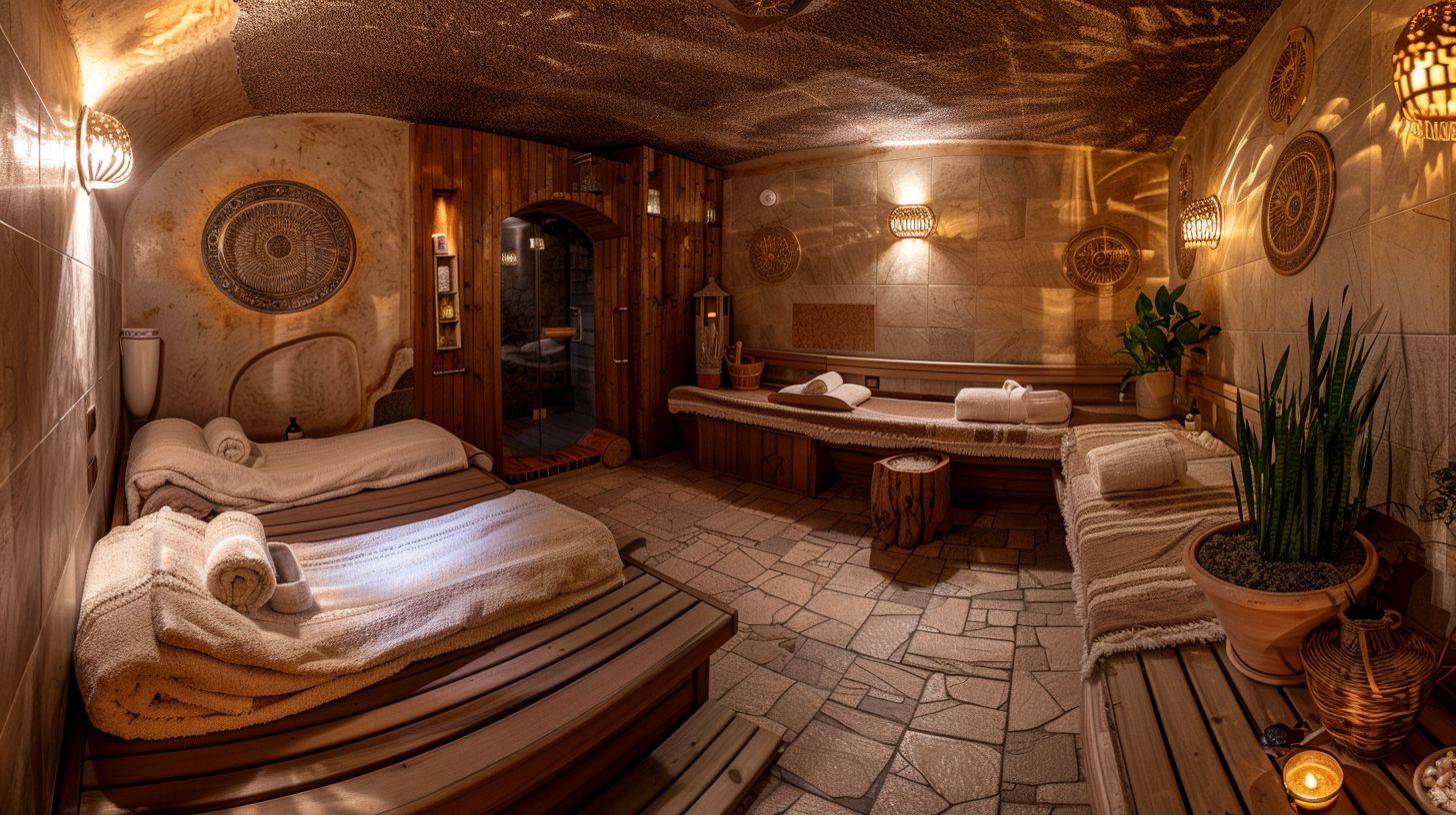 A tranquil spa room with a sauna and various spa treatments. A tranquil spa room with a sauna and various spa treatments.