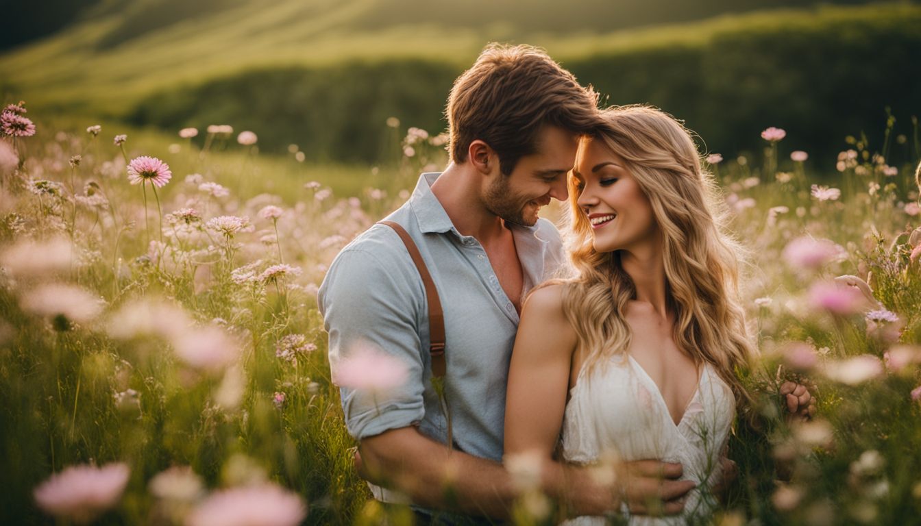 A couple embracing in a lush, flower-filled meadow in a nature photography setting. A couple embracing in a lush, flower-filled meadow in a nature photography setting.