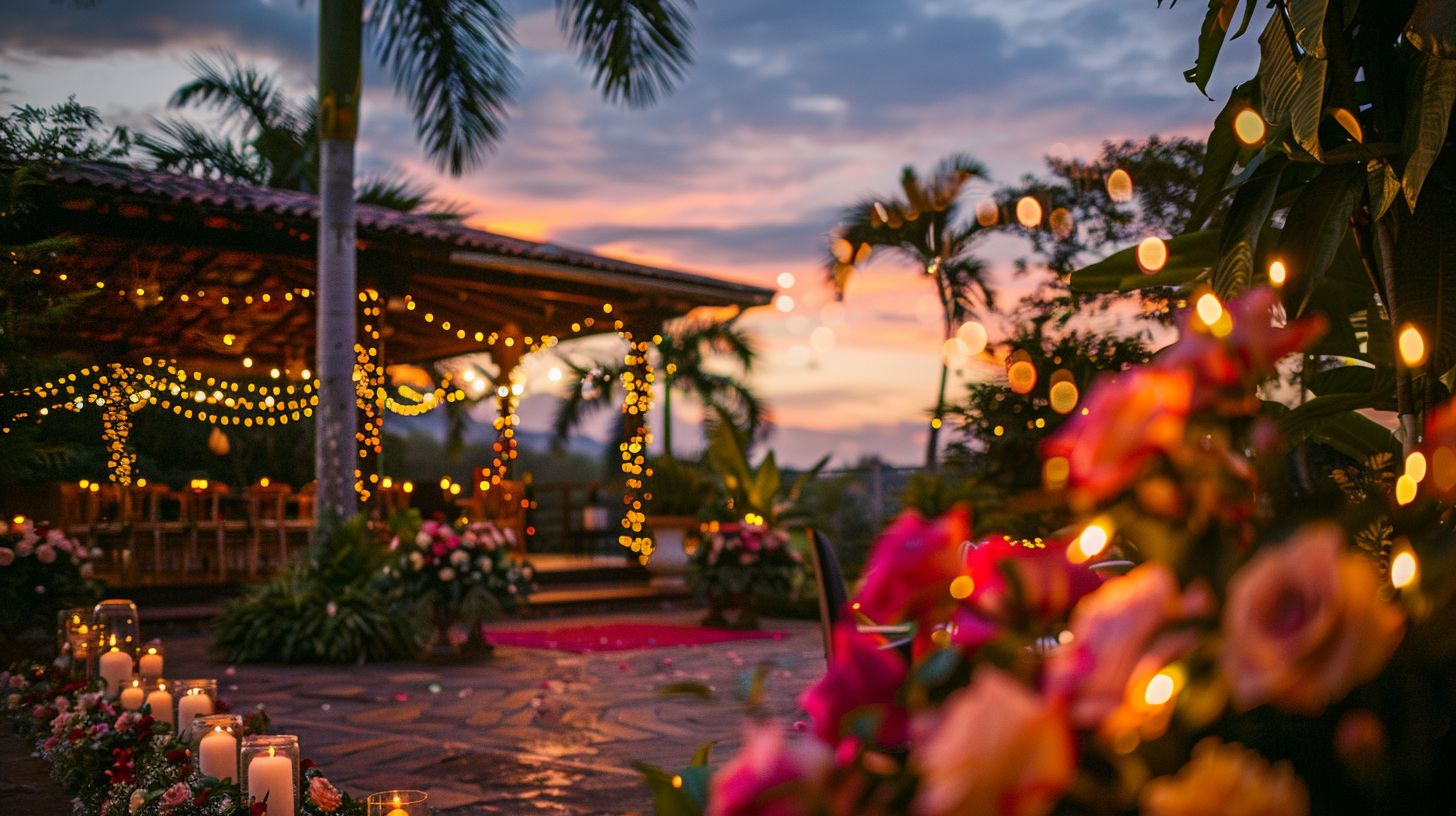 A wedding venue decorated with flowers and fairy lights at sunset. A wedding venue decorated with flowers and fairy lights at sunset.