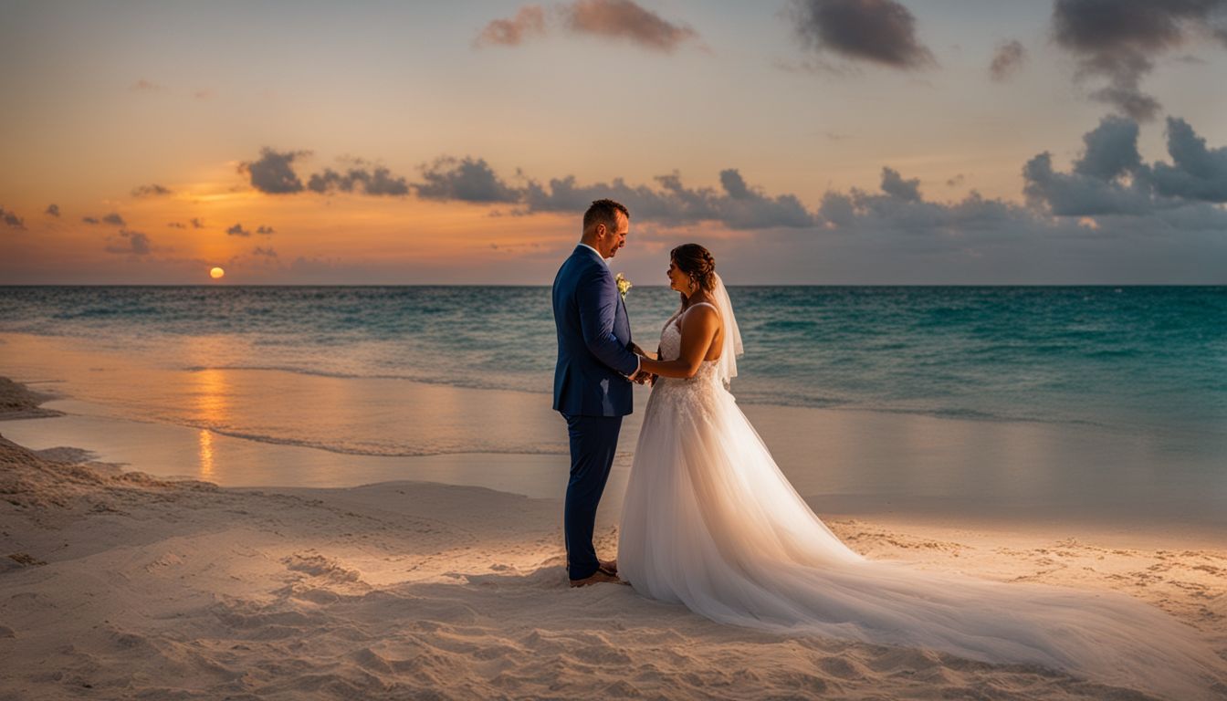 A couple exchanging vows on a sandy beach in Key West at sunset in 2020. A couple exchanging vows on a sandy beach in Key West at sunset in 2020.