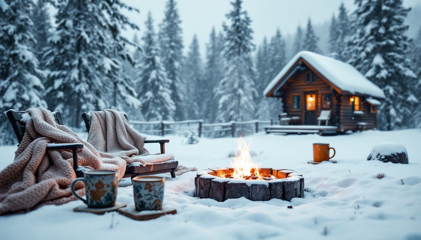 A cozy wooden cabin in snowy setting with a warm fire pit and hot cocoa. A cozy wooden cabin in snowy setting with a warm fire pit and hot cocoa.
