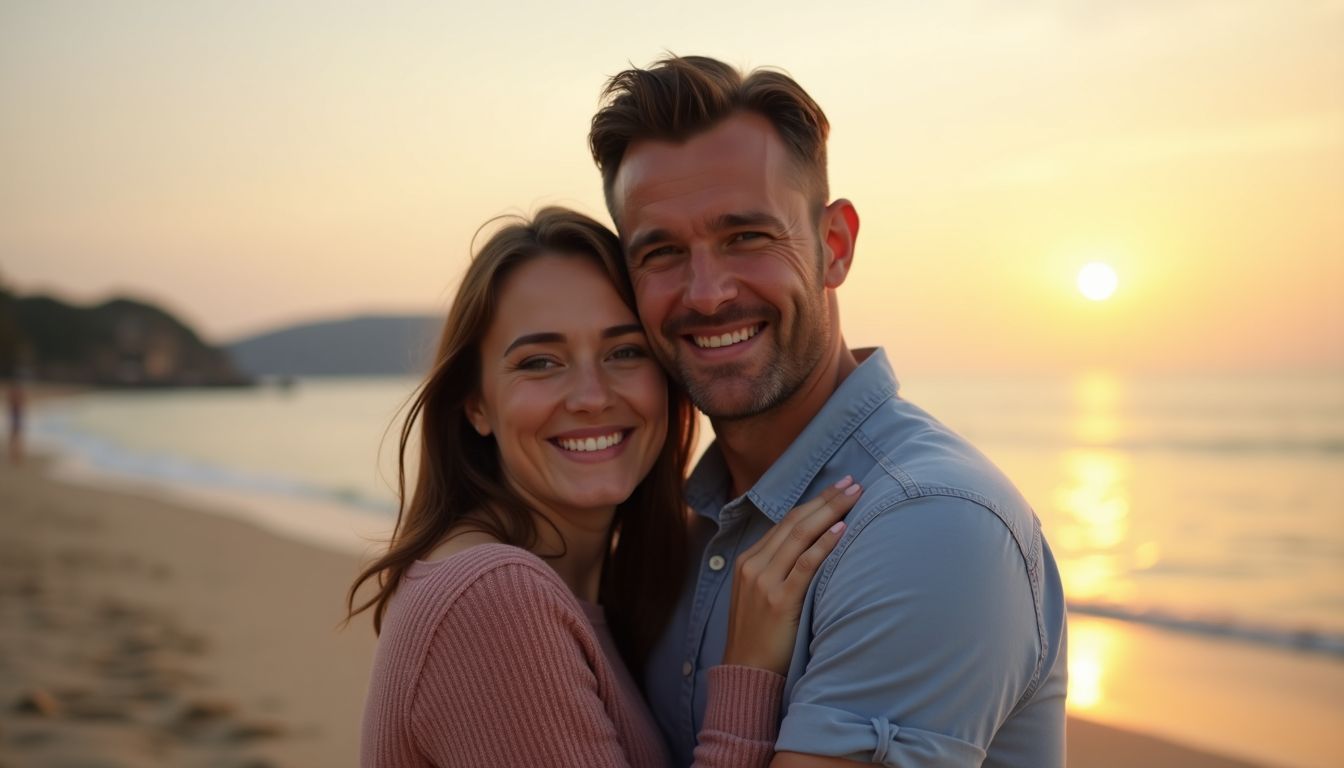 A couple in their thirties smiling and hugging on a quiet beach at sunset. A couple in their thirties smiling and hugging on a quiet beach at sunset.