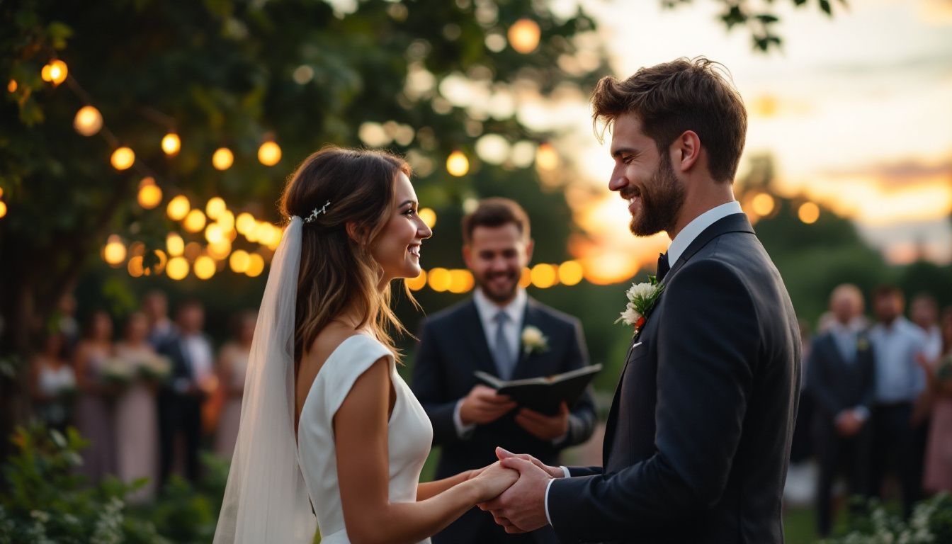 A young couple exchanges vows at a sunset outdoor wedding surrounded by friends and family. A young couple exchanges vows at a sunset outdoor wedding surrounded by friends and family.
