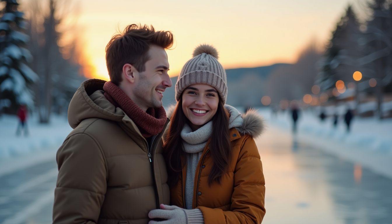 A young couple ice skating on a frozen lake at sunset, wearing warm winter clothing. A young couple ice skating on a frozen lake at sunset, wearing warm winter clothing.