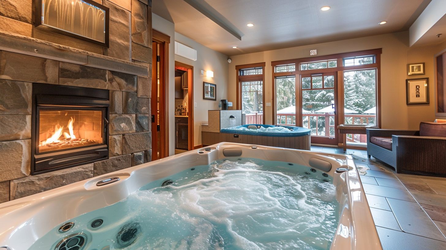 A luxurious suite with hot tub and fireplace, captured with a wide-angle lens. A luxurious suite with hot tub and fireplace, captured with a wide-angle lens.