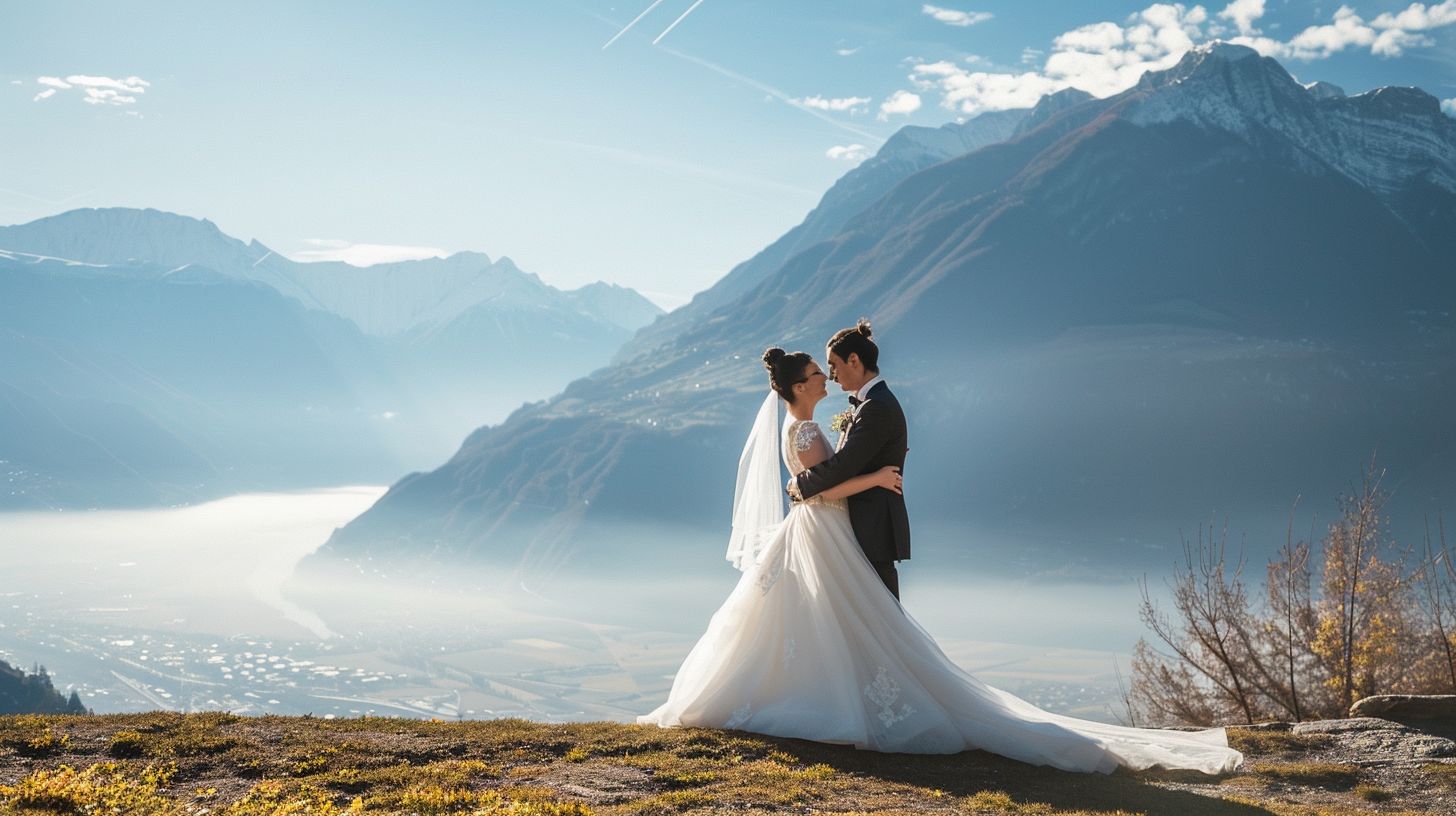 A newlywed couple embracing in front of a scenic mountain backdrop. A newlywed couple embracing in front of a scenic mountain backdrop.