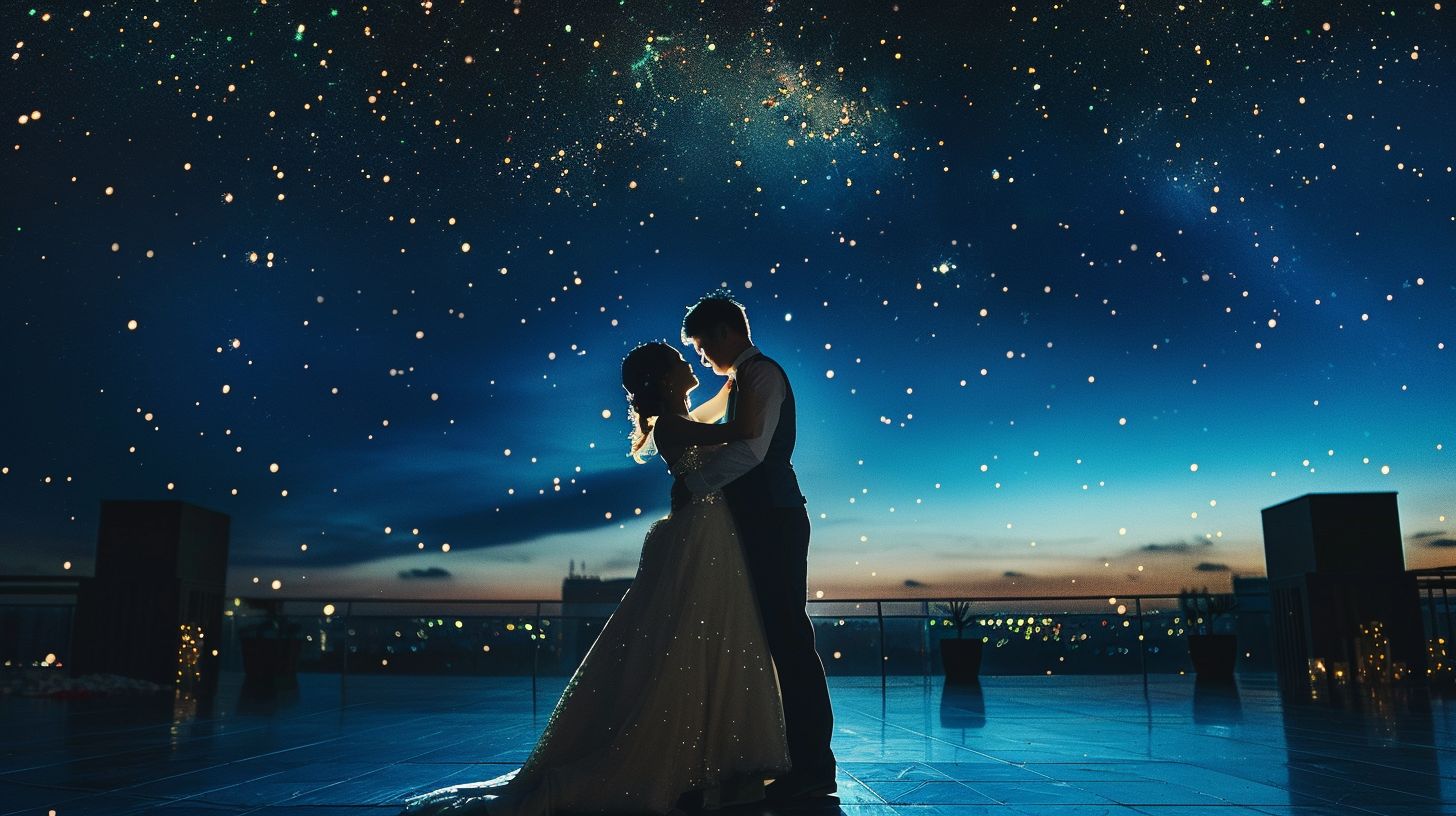 A newlywed couple dancing under a starlit sky in a cityscape setting. A newlywed couple dancing under a starlit sky in a cityscape setting.
