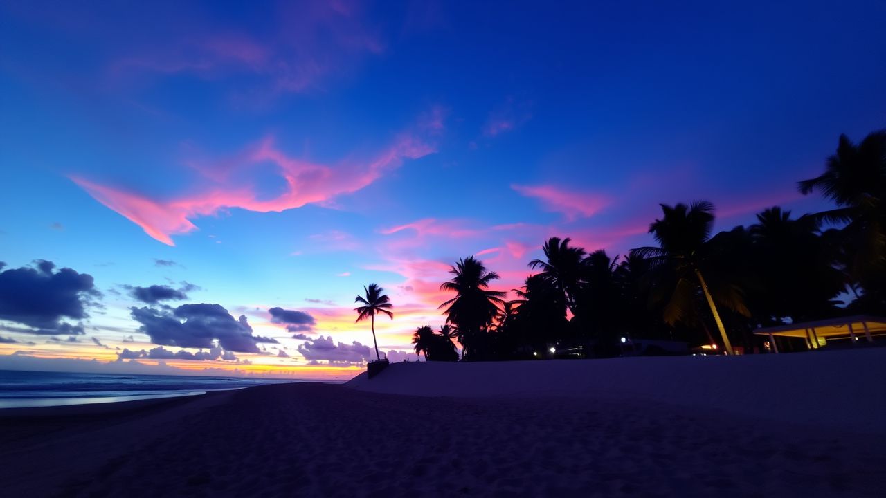 A tropical beach at sunset with vibrant colors and a peaceful atmosphere captured in low-quality. A tropical beach at sunset with vibrant colors and a peaceful atmosphere captured in low-quality.