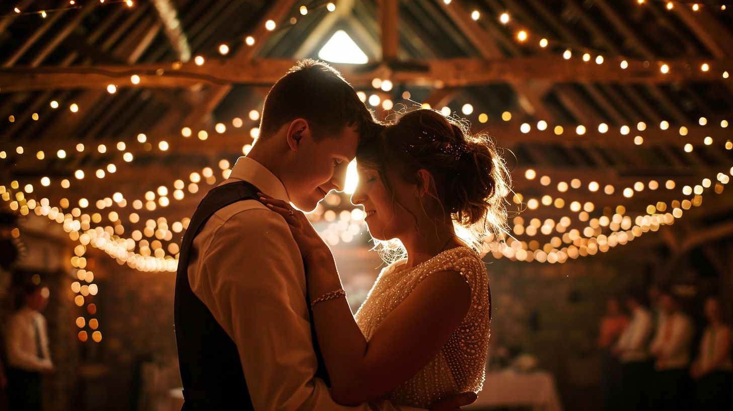 A bride and groom sharing their first dance at a wedding venue. A bride and groom sharing their first dance at a wedding venue.