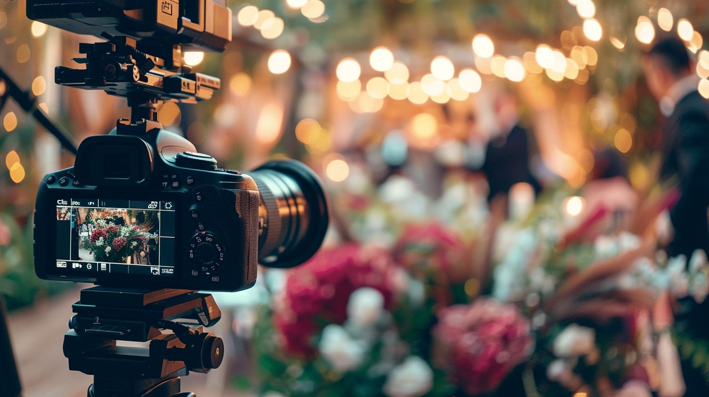 A videographer discussing wedding package options and pricing during a reception. A videographer discussing wedding package options and pricing during a reception.