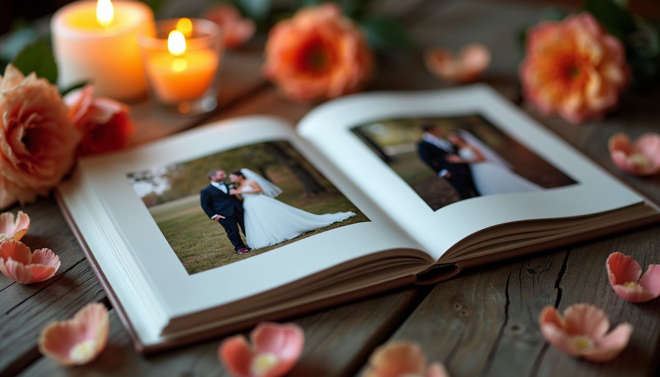 A wedding photo album sits on a rustic table surrounded by flower petals, creating a romantic atmosphere. A wedding photo album sits on a rustic table surrounded by flower petals, creating a romantic atmosphere.