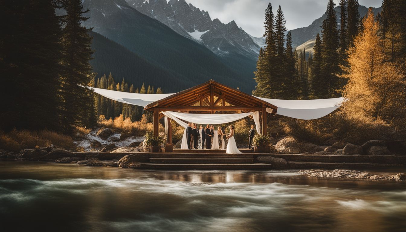 A stunning outdoor wedding venue surrounded by the Rocky Mountains with a bustling atmosphere and beautiful natural scenery. A stunning outdoor wedding venue surrounded by the Rocky Mountains with a bustling atmosphere and beautiful natural scenery.