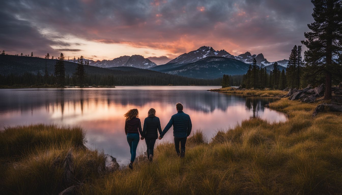 A couple strolling along the tranquil shores of Sprague Lake at dusk. A couple strolling along the tranquil shores of Sprague Lake at dusk.