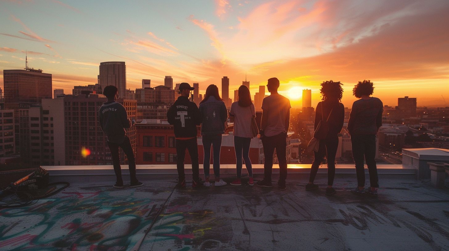 A group of friends stands in a circle on a rooftop, capturing an expansive city view. A group of friends stands in a circle on a rooftop, capturing an expansive city view.