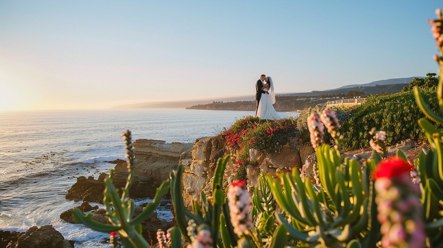 A couple exchanges vows on a scenic oceanfront cliff captured by Seascape Photography. A couple exchanges vows on a scenic oceanfront cliff captured by Seascape Photography.