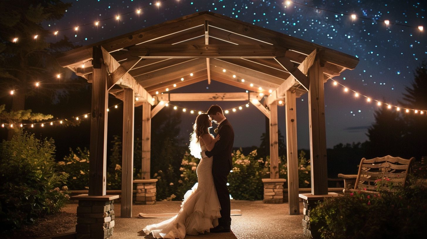 A bride and groom twirl under a starry night sky in a romantic wedding photograph. A bride and groom twirl under a starry night sky in a romantic wedding photograph.