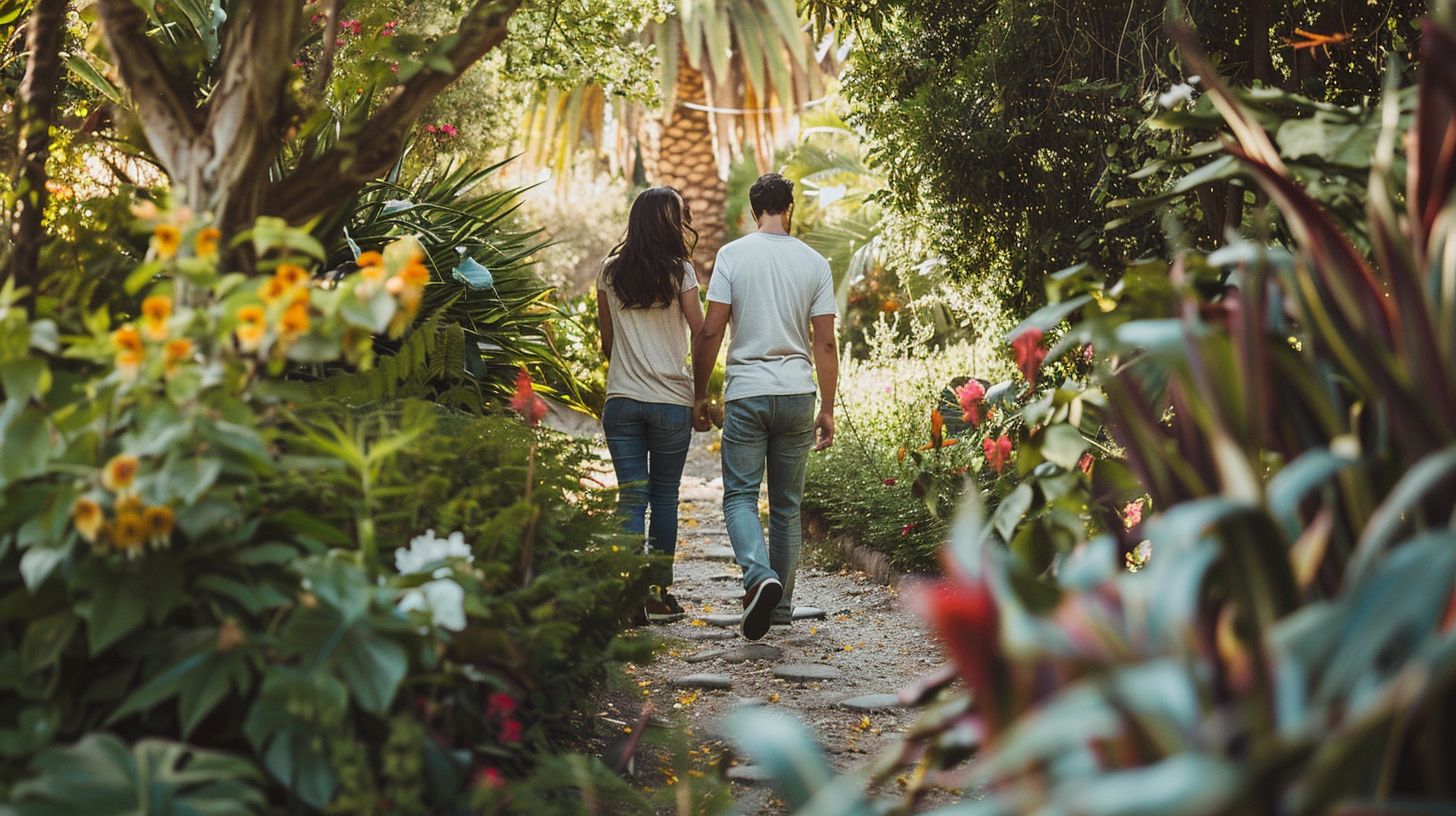 A joyful couple strolling through a picturesque garden hand in hand. A joyful couple strolling through a picturesque garden hand in hand.