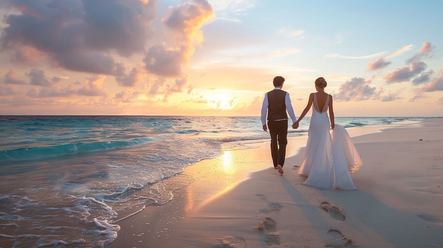 A bride and groom are walking hand in hand on a tropical beach at sunset. A bride and groom are walking hand in hand on a tropical beach at sunset.