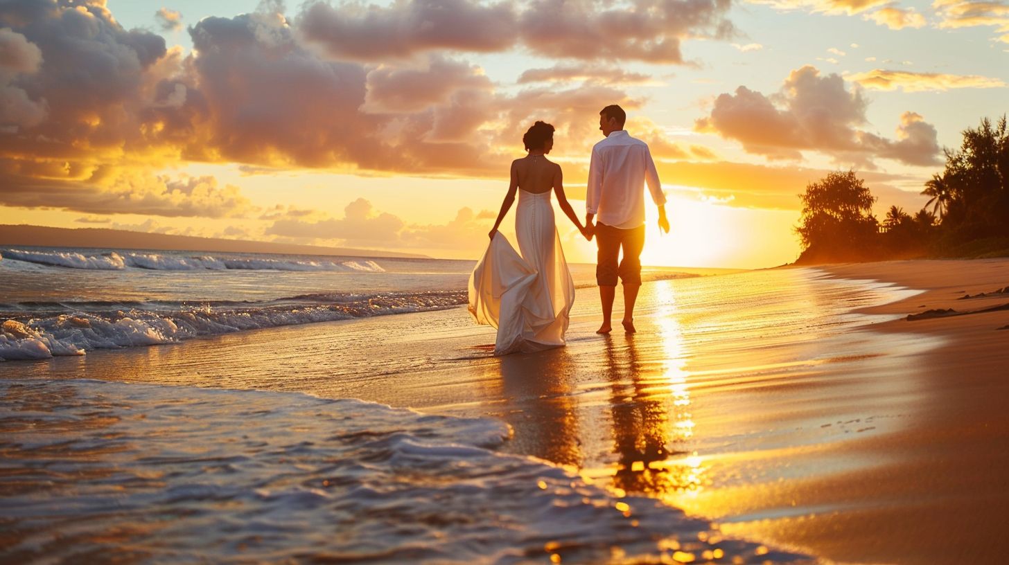 A bride and groom are walking hand in hand on a tropical beach at sunset. A bride and groom are walking hand in hand on a tropical beach at sunset.