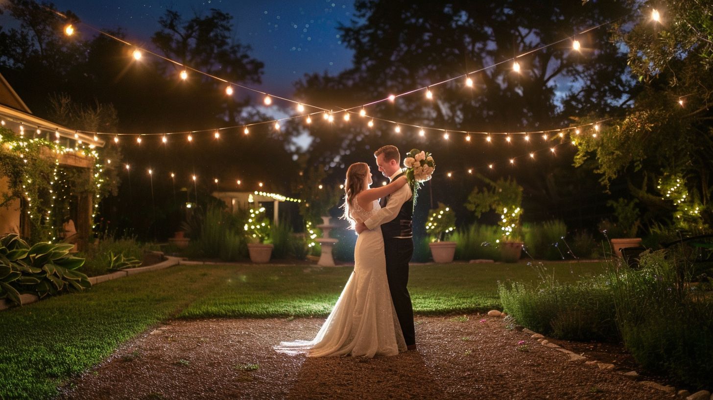 A bride and groom twirl under a starry night sky in a romantic wedding photograph. A bride and groom twirl under a starry night sky in a romantic wedding photograph.