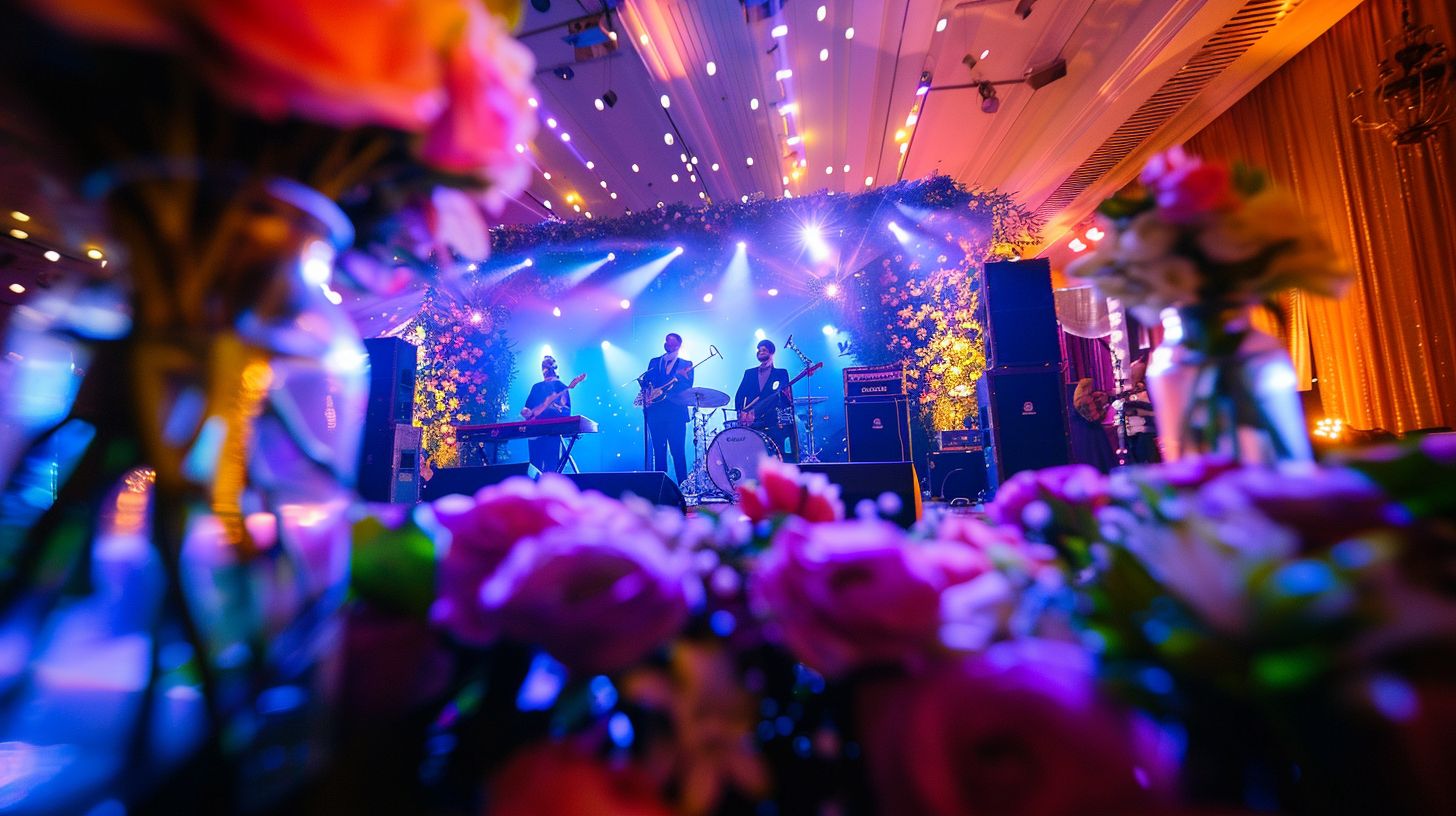 A wedding band performs on a beautifully decorated stage at a venue. A wedding band performs on a beautifully decorated stage at a venue.