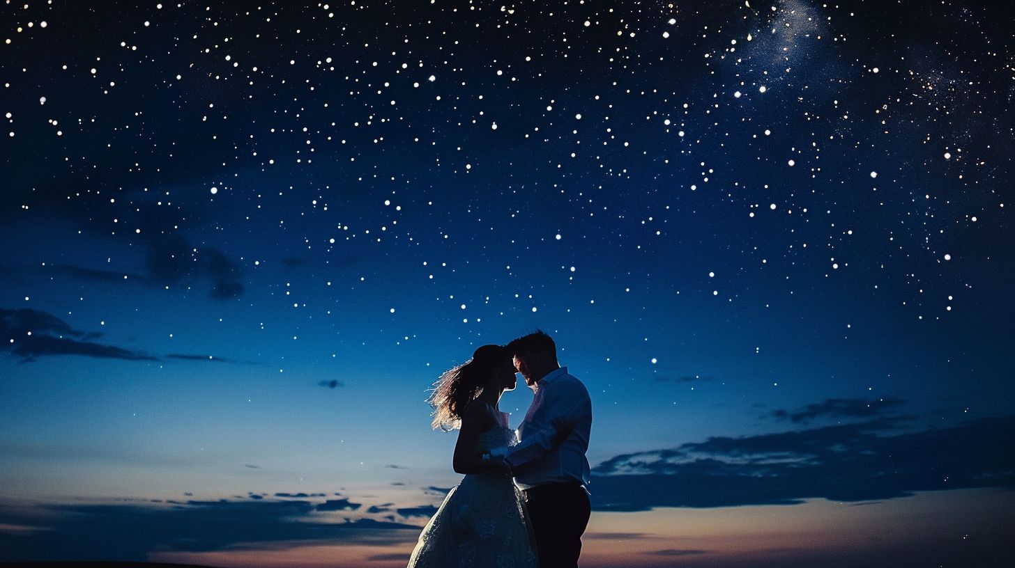 A newlywed couple dancing under a starlit sky in a cityscape setting. A newlywed couple dancing under a starlit sky in a cityscape setting.