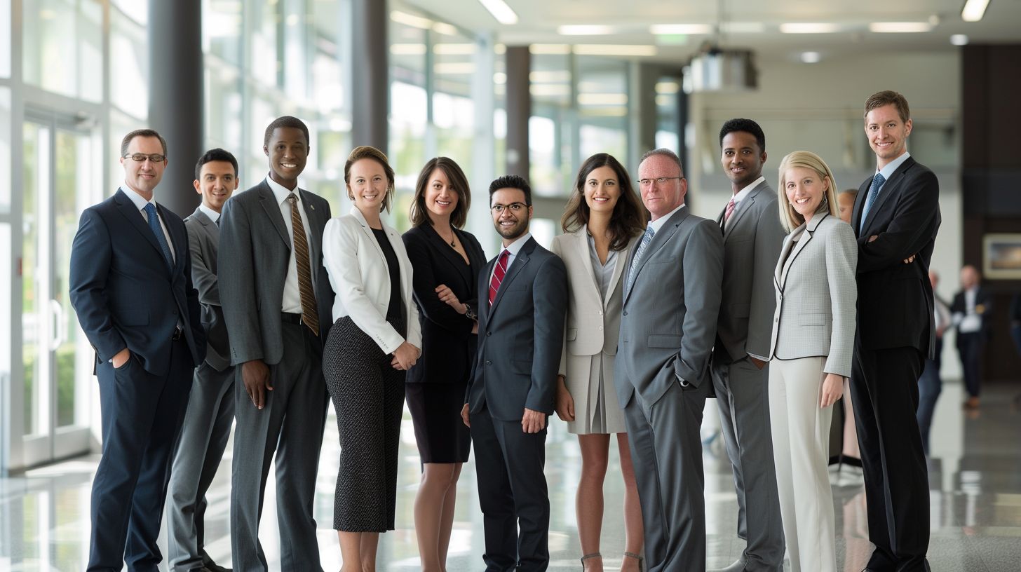 A group of business professionals pose for a formal portrait in a corporate office. A group of business professionals pose for a formal portrait in a corporate office.