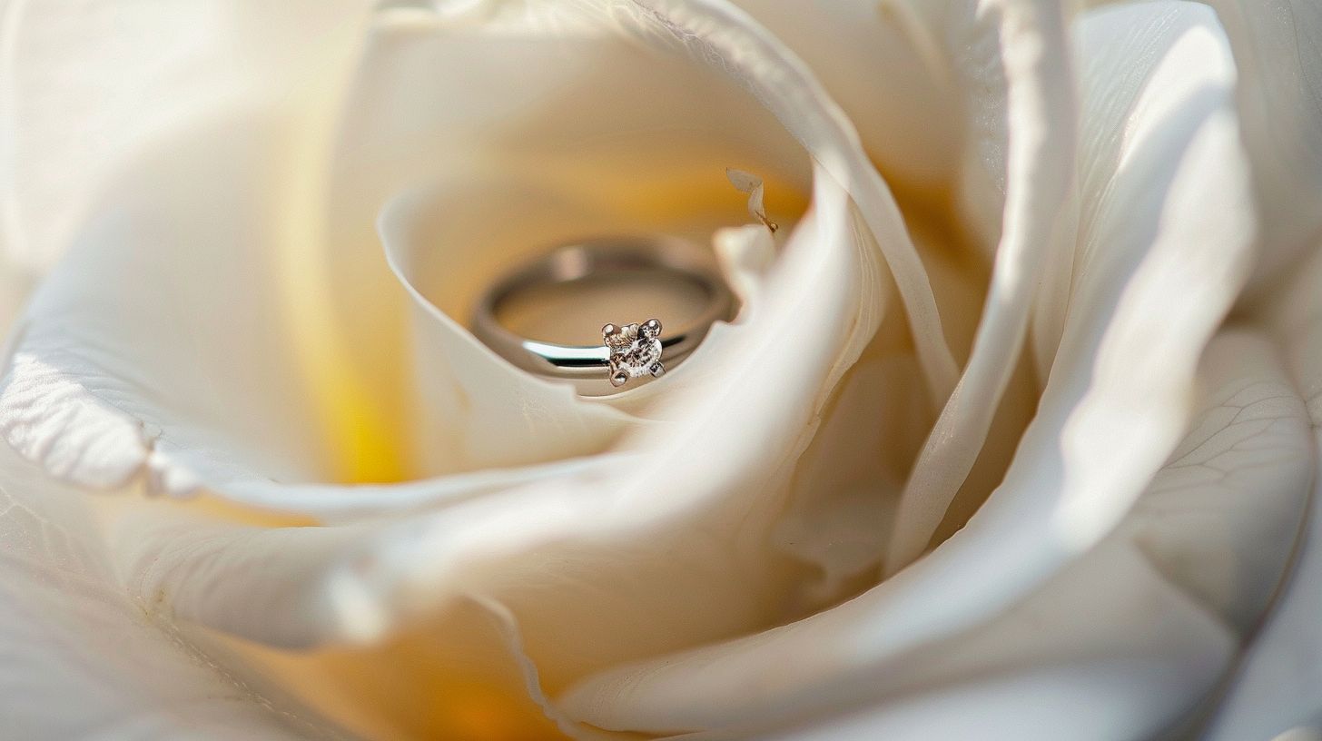 Close-up macro shot of a wedding ring surrounded by delicate flower petals. Close-up macro shot of a wedding ring surrounded by delicate flower petals.