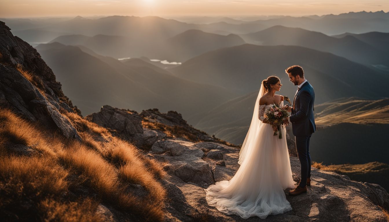 A couple exchanges vows on a mountain summit at sunset in a picturesque landscape. A couple exchanges vows on a mountain summit at sunset in a picturesque landscape.