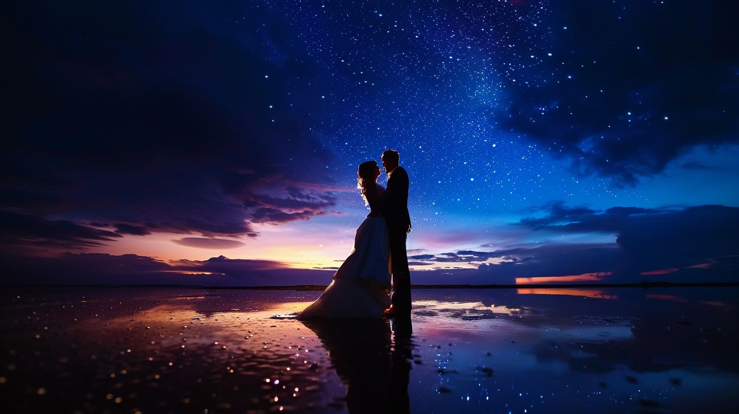 A newlywed couple dancing under a starry night sky. A newlywed couple dancing under a starry night sky.
