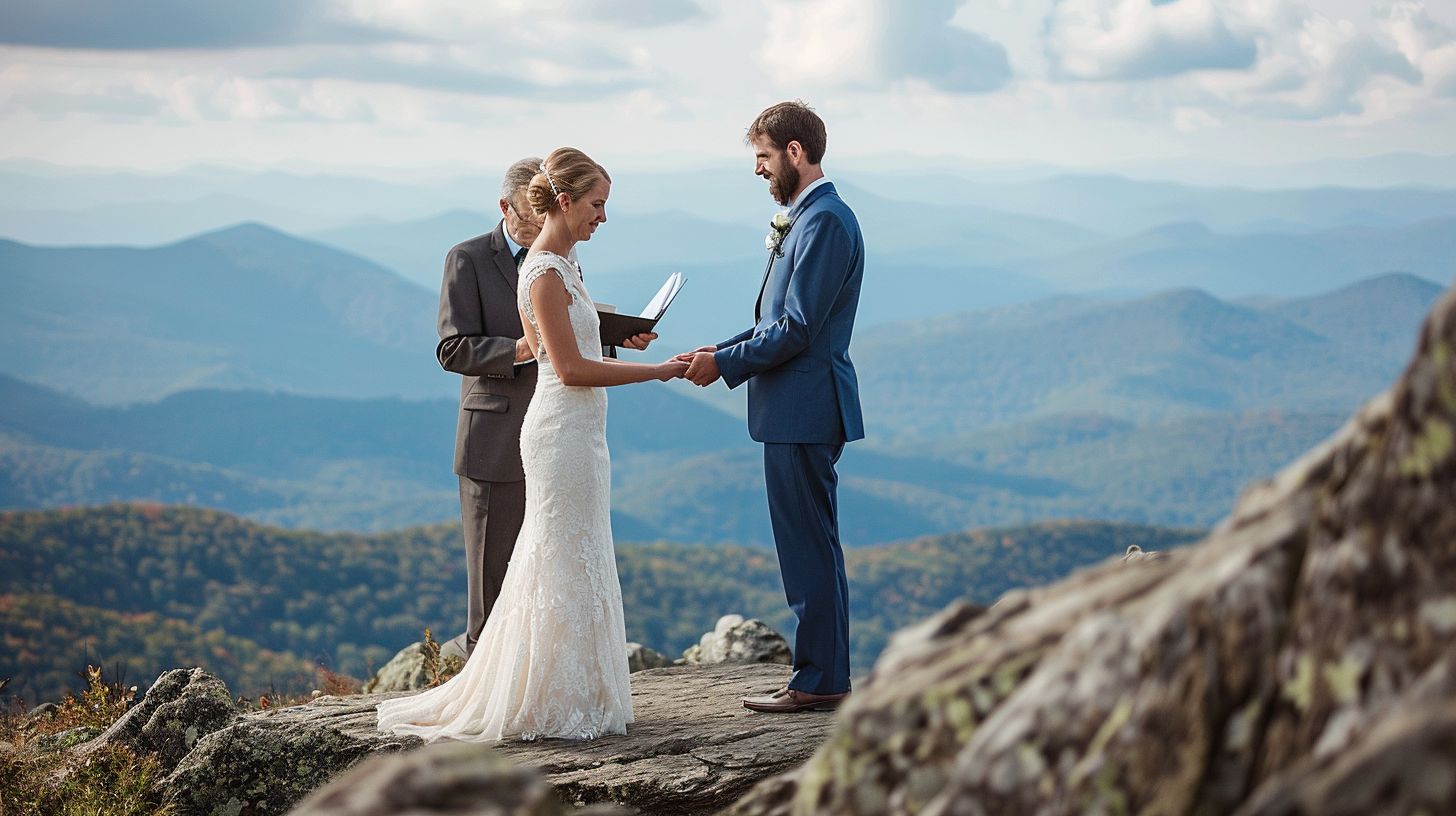 A bride and groom exchange vows on a scenic mountaintop during an outdoor wedding photography session. A bride and groom exchange vows on a scenic mountaintop during an outdoor wedding photography session.