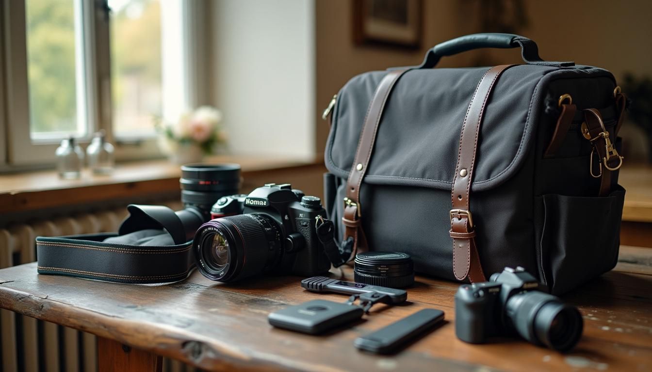 A wedding photographer's equipment arranged on a rustic wooden table. A wedding photographer's equipment arranged on a rustic wooden table.