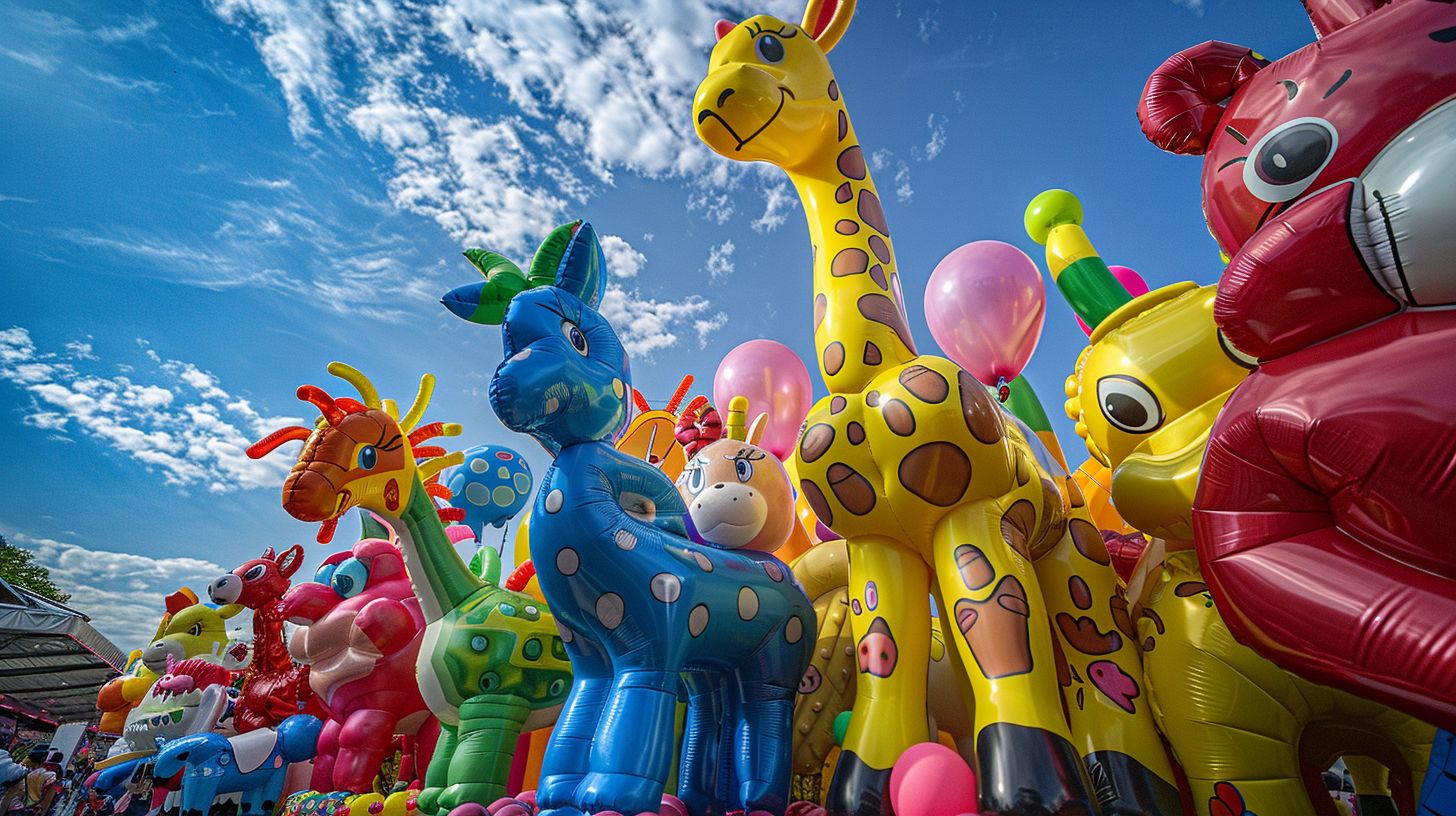 Colorful balloon animals in a whimsical carnival setting, captured with a wide-angle lens. Colorful balloon animals in a whimsical carnival setting, captured with a wide-angle lens.