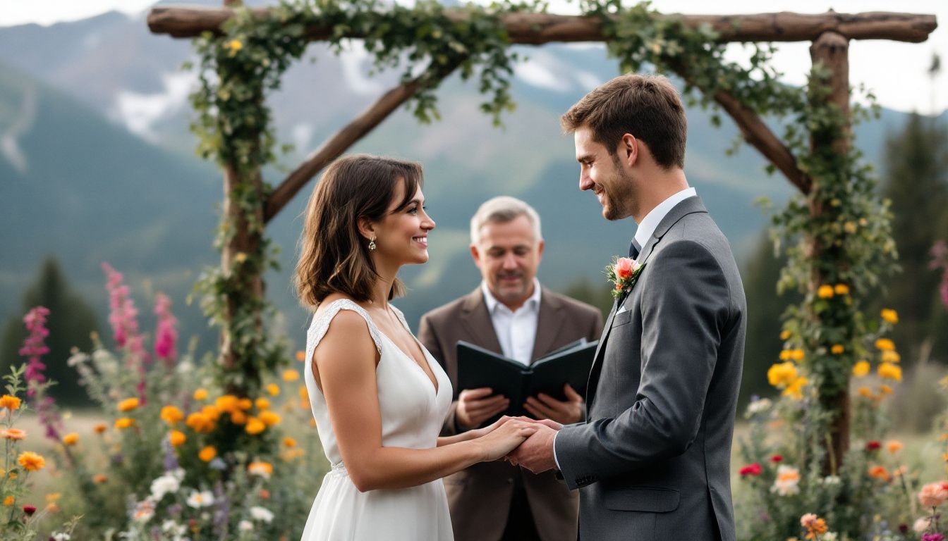 A couple in casual wedding attire exchanges vows in front of a scenic mountain backdrop. A couple in casual wedding attire exchanges vows in front of a scenic mountain backdrop, one of the stunning wedding sites in Colorado.