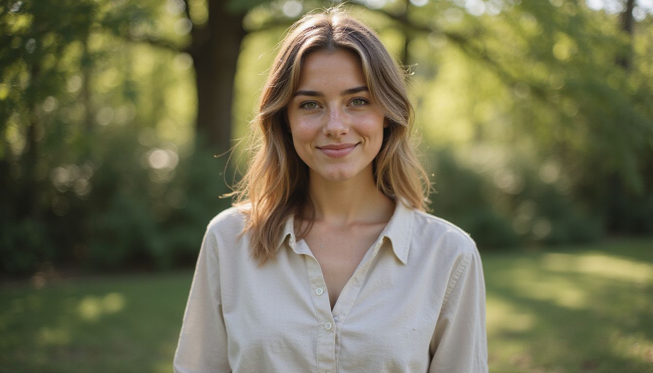 A young woman stands confidently outdoors, wearing a simple blouse and a genuine smile, surrounded by soft greenery.