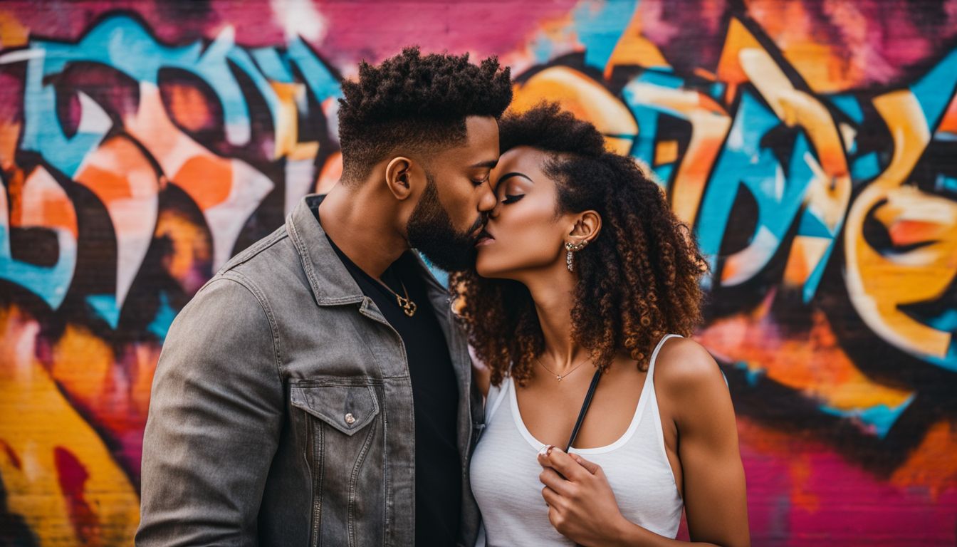 A couple kissing in front of a vibrant graffiti wall in a bustling city district. A couple kissing in front of a vibrant graffiti wall in a bustling city district.
