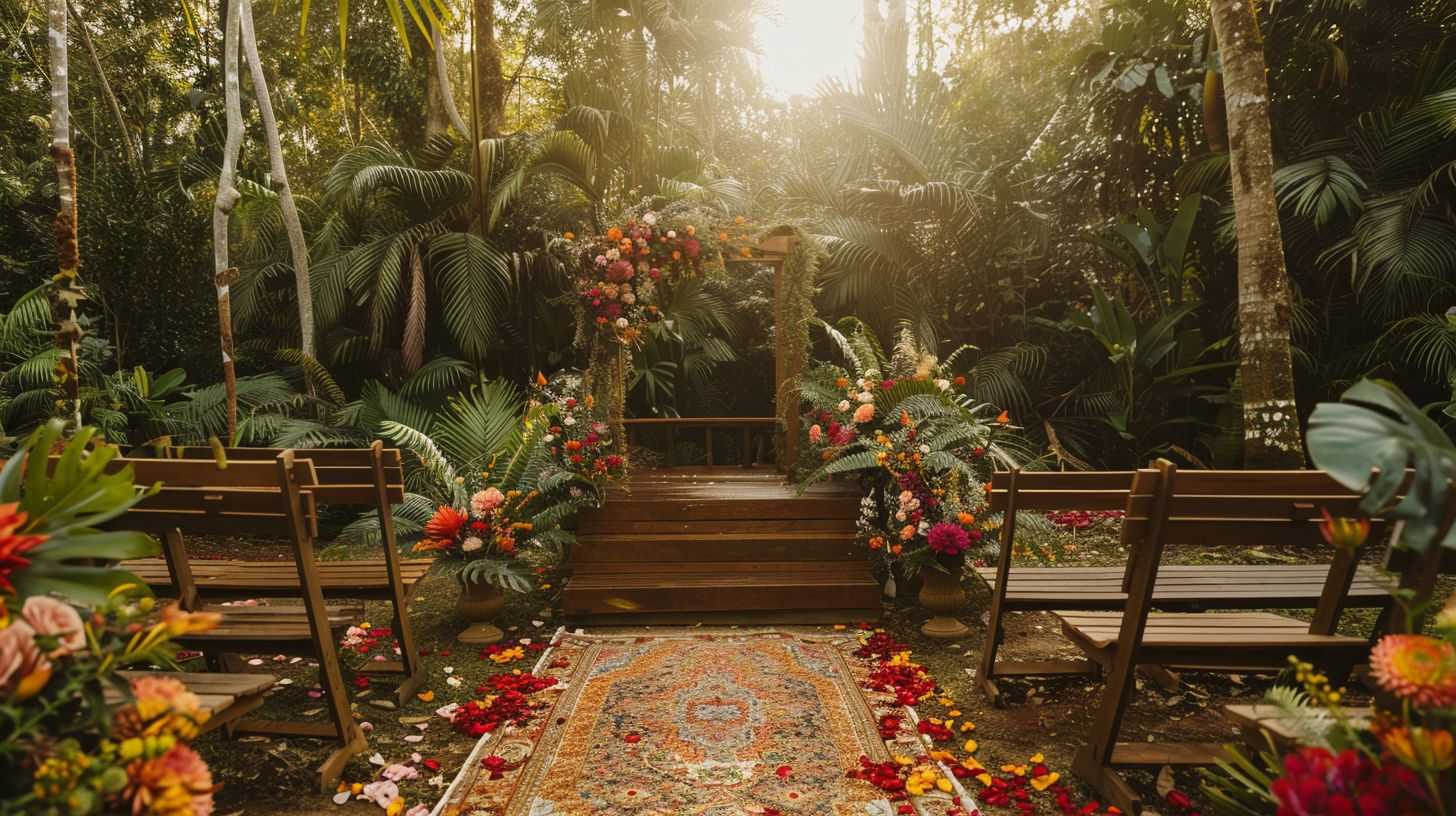 A wide-angle lens captured the beautifully decorated outdoor elopement spot in Nature Photography's image. A wide-angle lens captured the beautifully decorated outdoor elopement spot in Nature Photography's image.