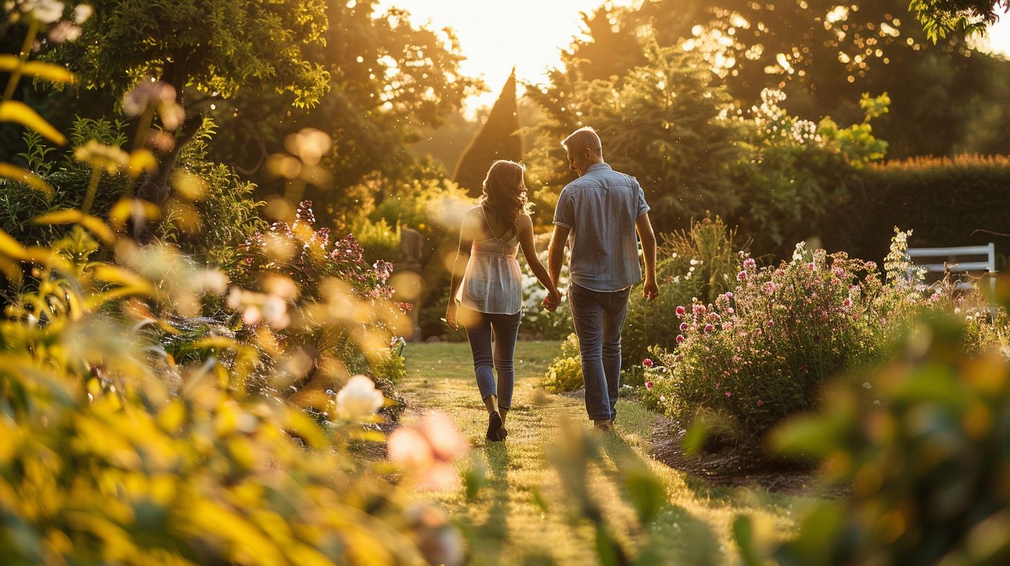 A joyful couple strolling through a picturesque garden hand in hand. A joyful couple strolling through a picturesque garden hand in hand.