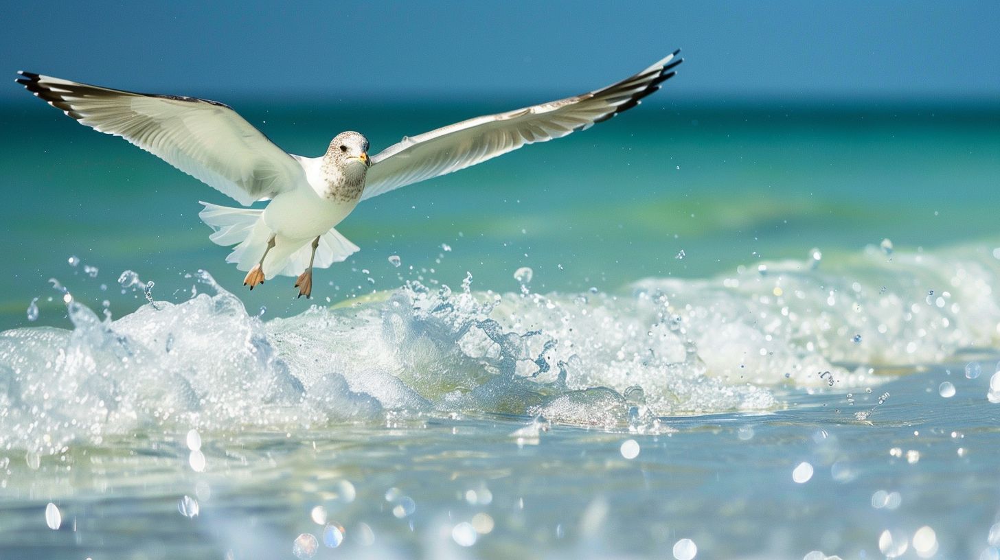A seagull in flight over the clear waters of Clearwater Beach. A seagull in flight over the clear waters of Clearwater Beach.