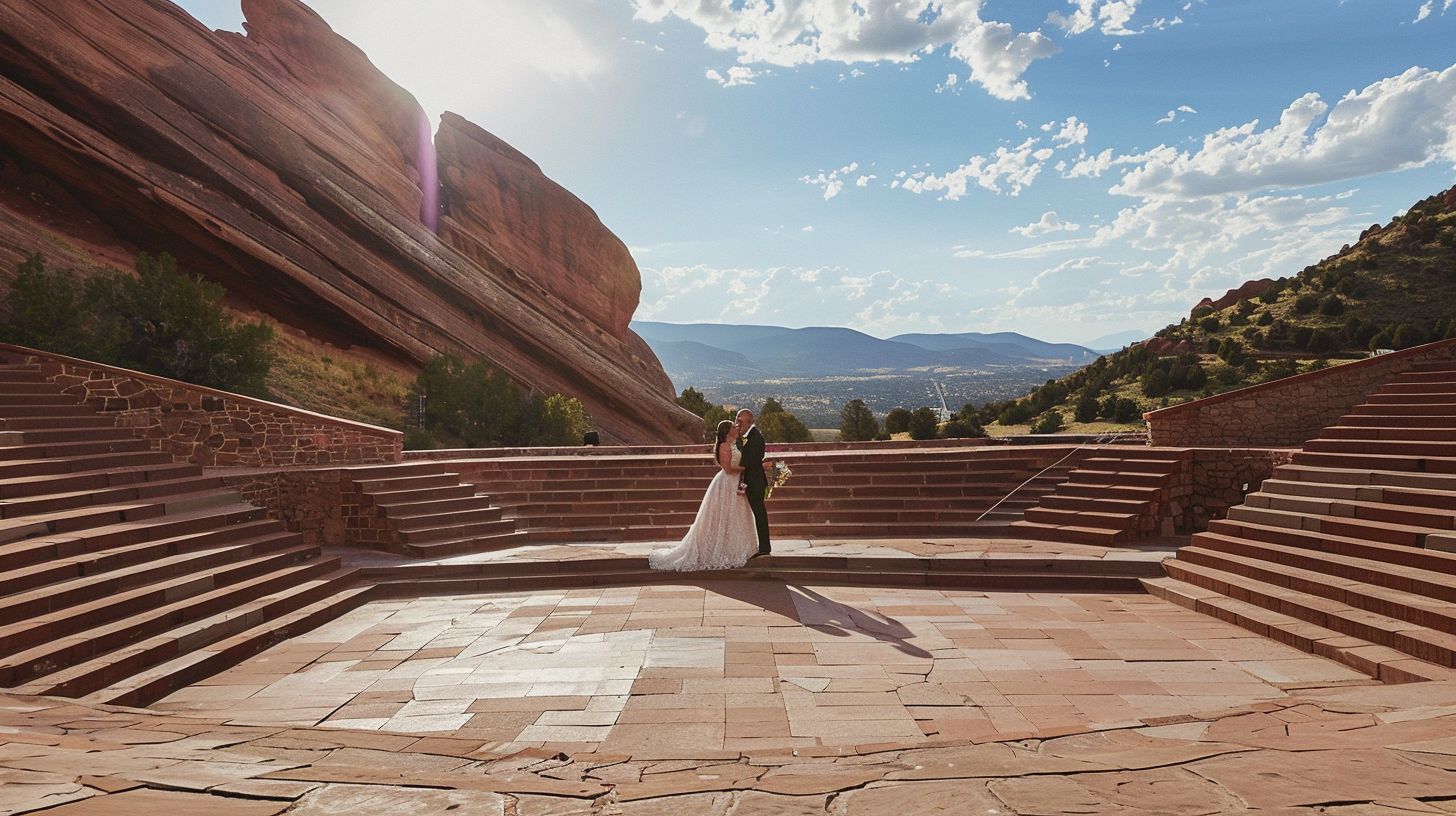 A bride and groom stand on stage at the Red Rocks Amphitheatre, surrounded by scenic mountain landscapes. A bride and groom stand on stage at the Red Rocks Amphitheatre, surrounded by scenic mountain landscapes.