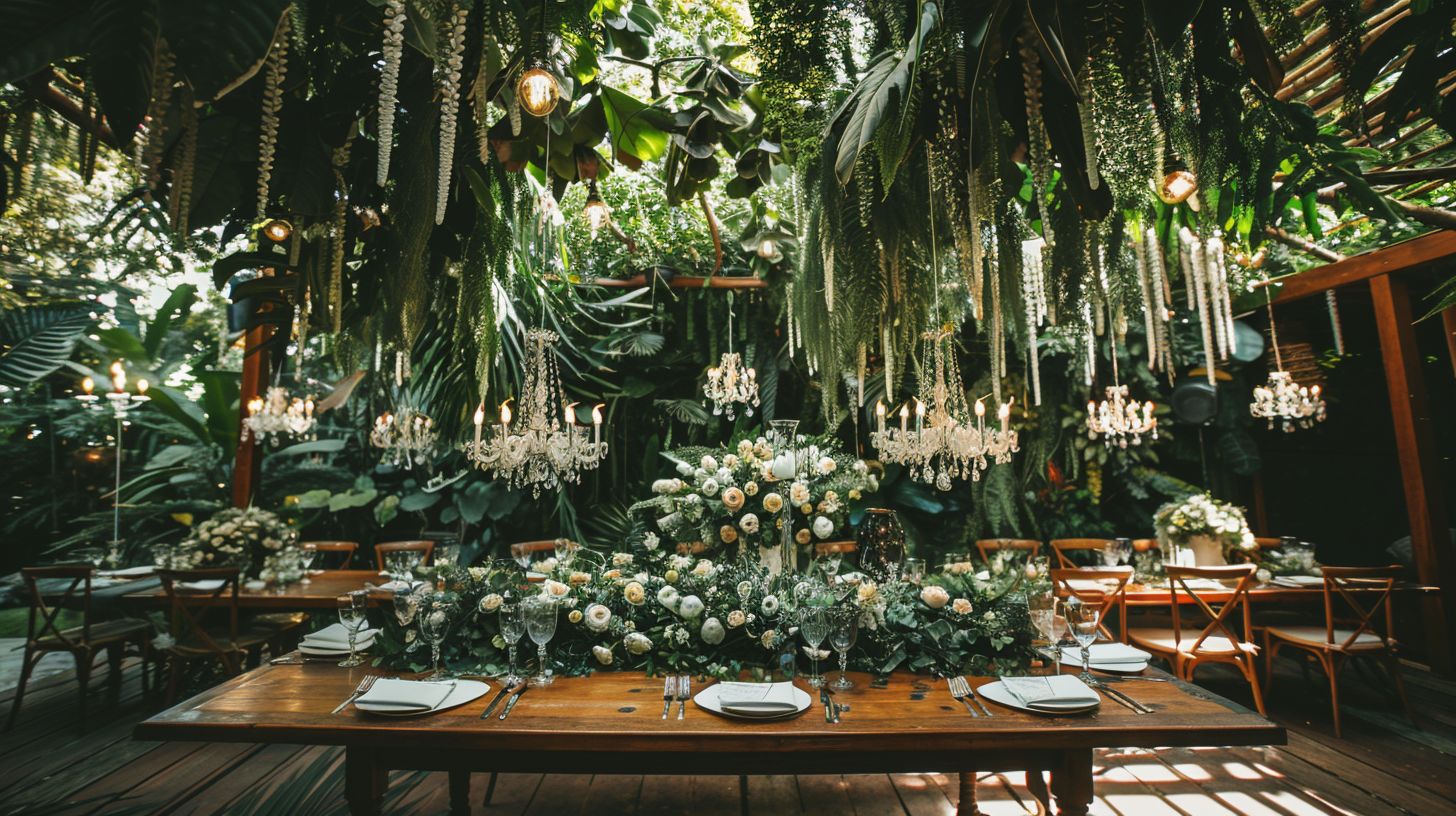 A wedding table adorned with lush greenery in a natural setting. A wedding table adorned with lush greenery in a natural setting.