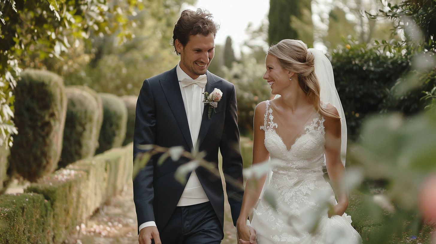 A stylish bride and groom walking hand in hand through a romantic garden for a wedding photoshoot. A stylish bride and groom walking hand in hand through a romantic garden for a wedding photoshoot.