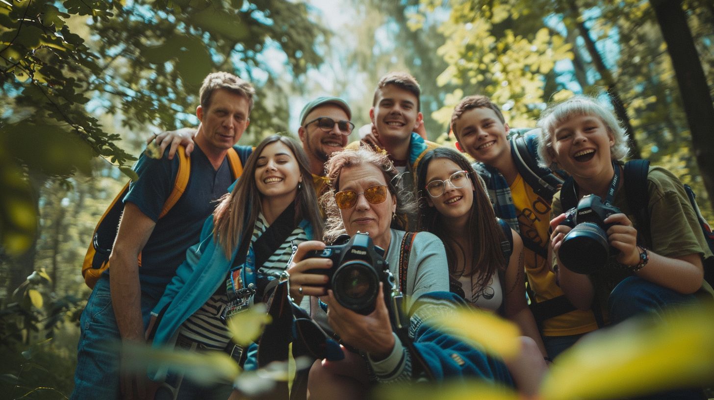 A large family enjoys nature photography in a scenic park using a wide-angle lens. A large family enjoys nature photography in a scenic park using a wide-angle lens.